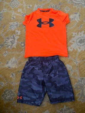 Under Armour Orange Logo Performance Tee with Navy Camo Shorts boys
